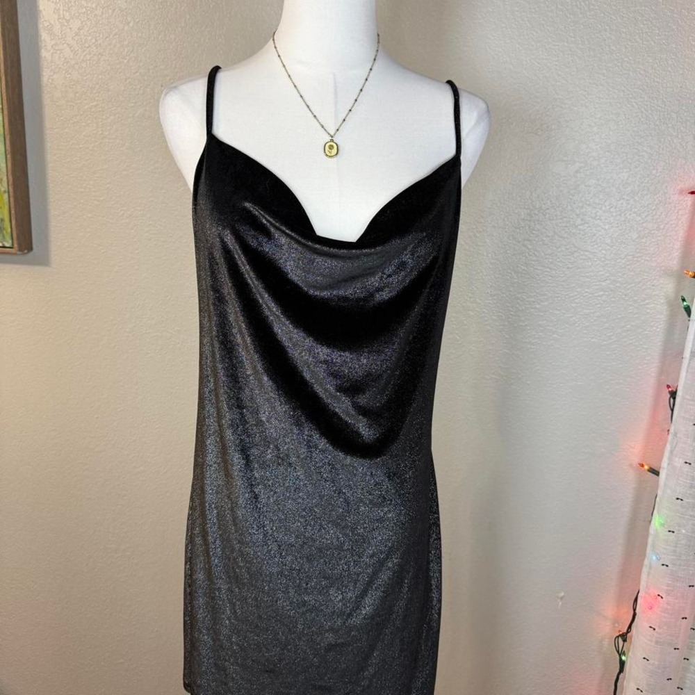Black Shimmer Cowl Neck Mini Slip‎ Dress